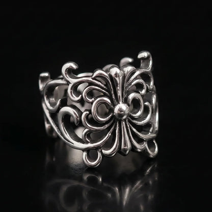 Fleur De Lis Cross Ring Front View Premium Stainless Steel Vintage Gothic Jewelry