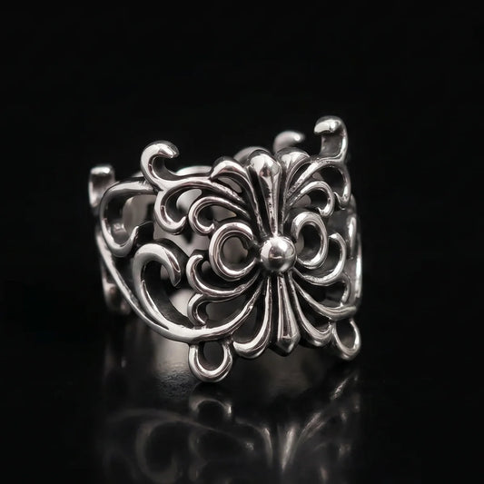 Fleur De Lis Cross Ring Front View Premium Stainless Steel Vintage Gothic Jewelry