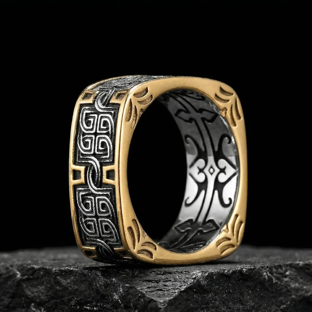 Gold and silver Greek Key Ring with geometric design