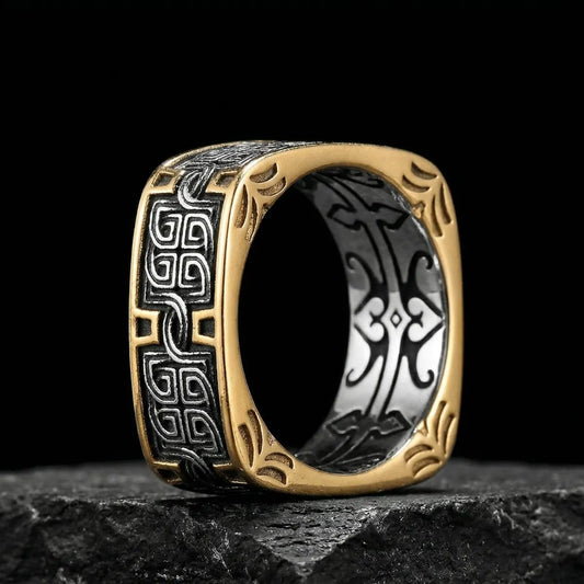 Gold and silver Greek Key Ring with geometric design