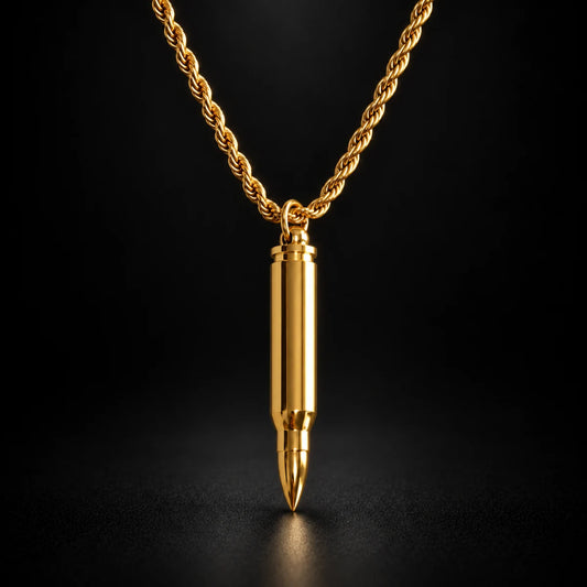 gold bullet capsule necklace black background hero