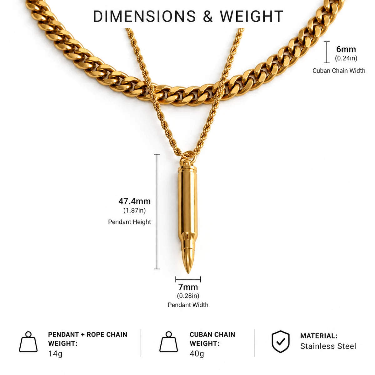 gold bullet capsule necklace dimensions and weight