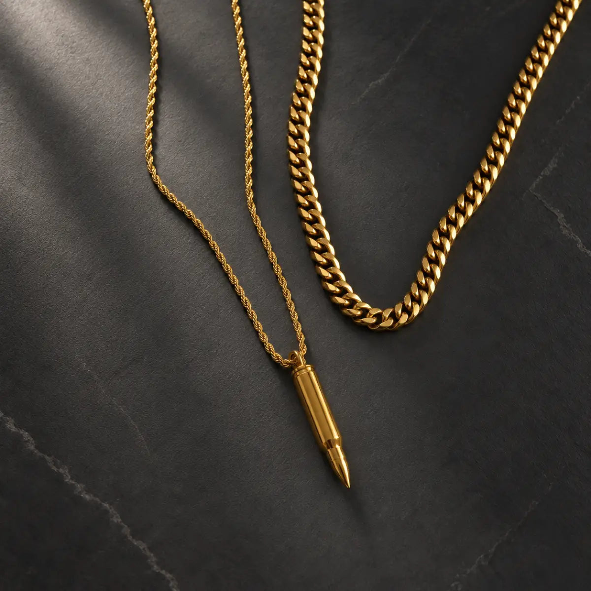 gold bullet capsule necklace layered set birds eye display