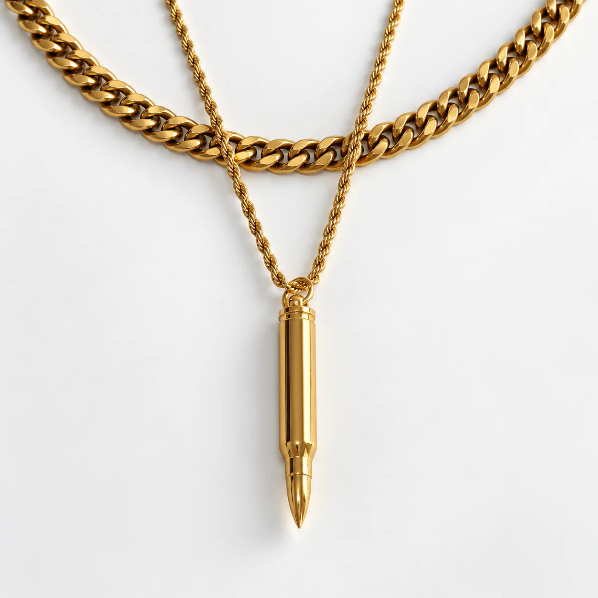 gold bullet capsule necklace layered set white background