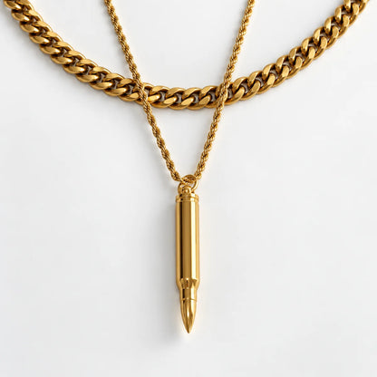 gold bullet capsule necklace layered set white background