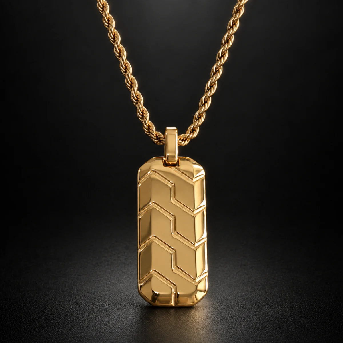 gold chevron dog tag necklace black background hero