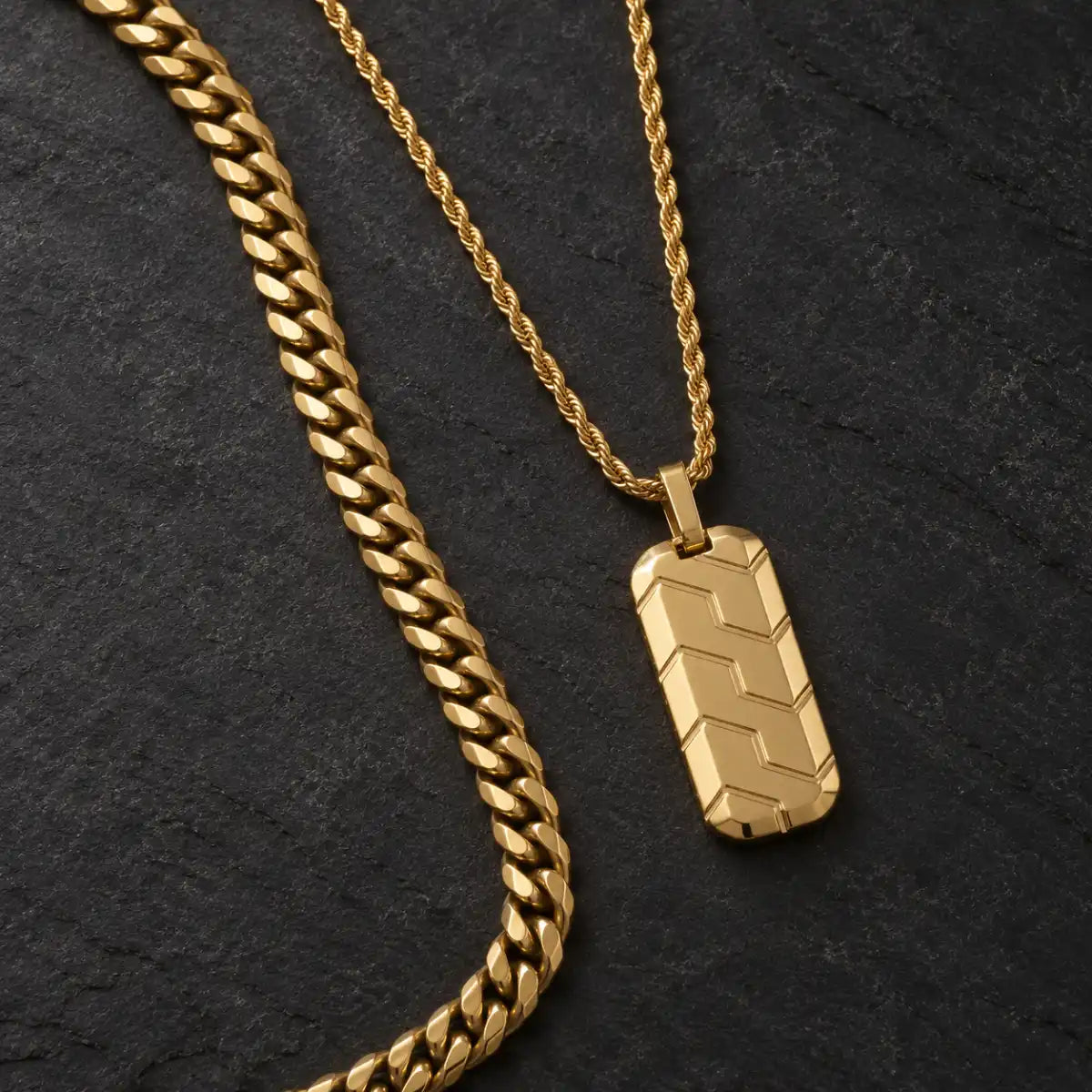 gold chevron dog tag necklace layered set birds eye display