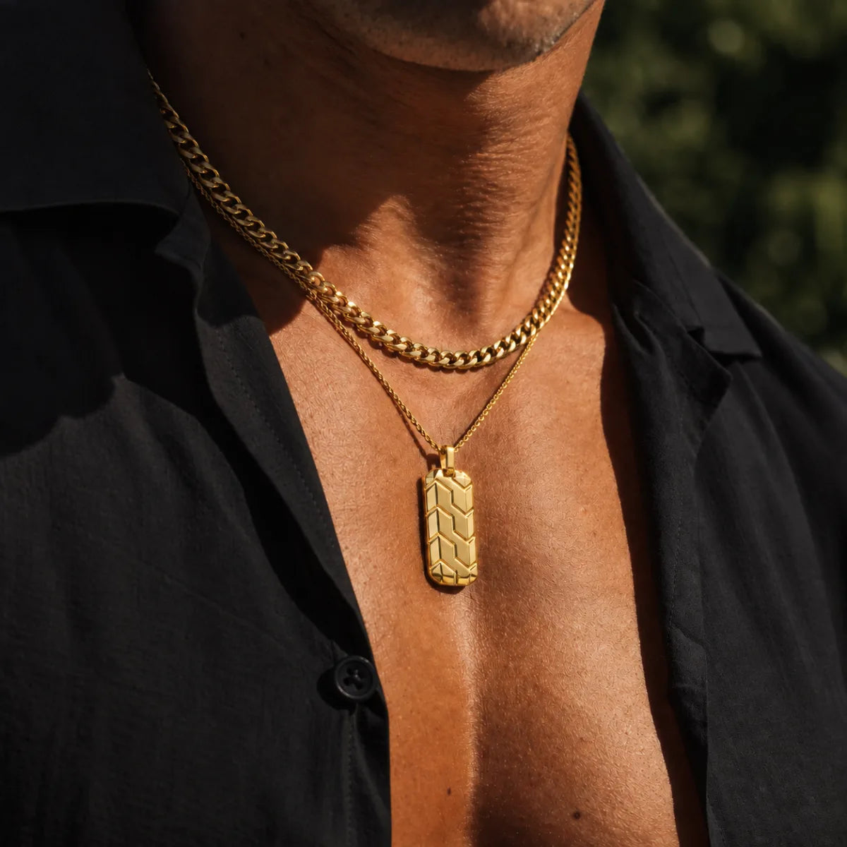 gold chevron dog tag necklace layered set lifestyle black shirt