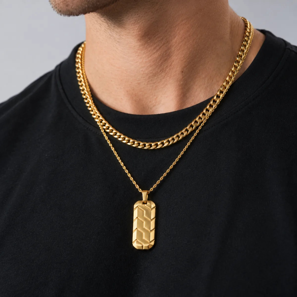 gold chevron dog tag necklace layered set lifestyle black tee