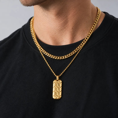 gold chevron dog tag necklace layered set lifestyle black tee