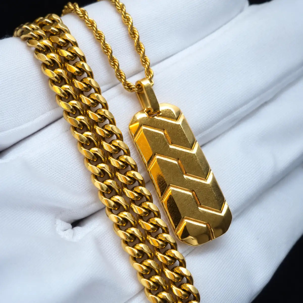 gold chevron dog tag necklace layered set lifestyle white shirt