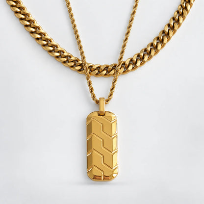 gold chevron dog tag necklace layered set white background