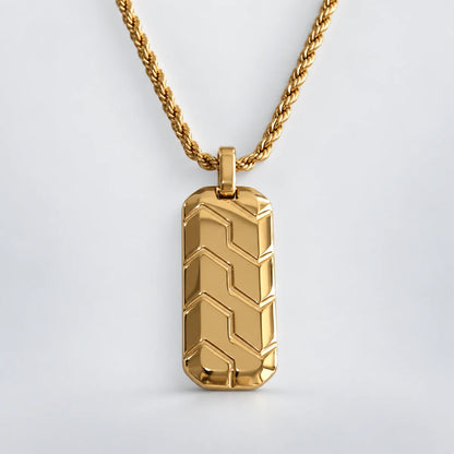 gold chevron dog tag necklace with rope chain white background