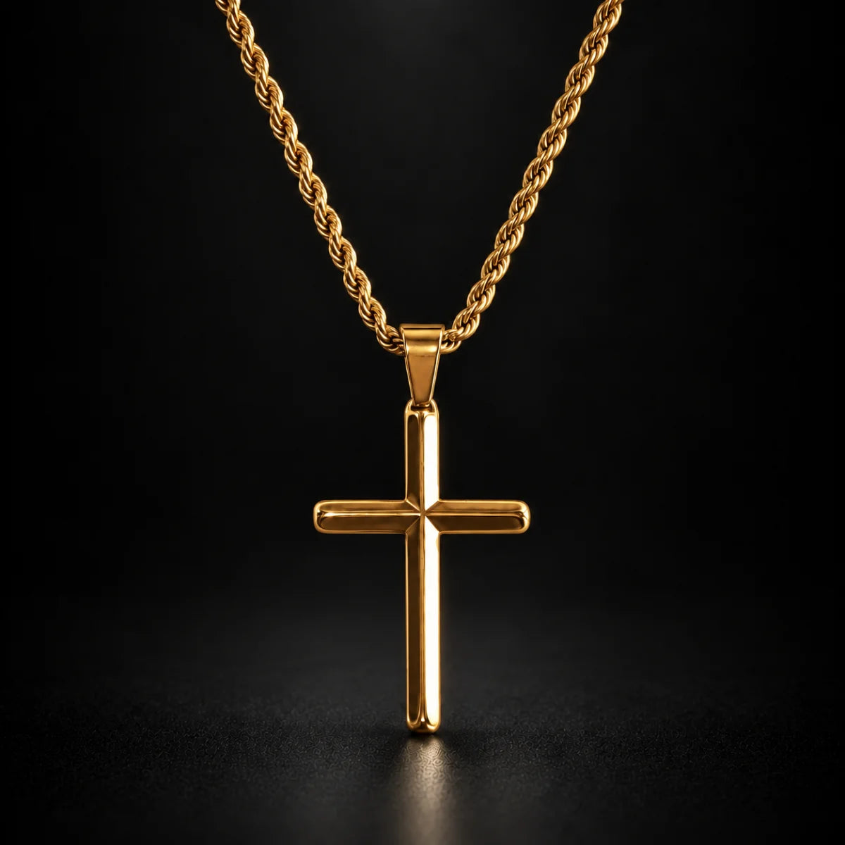 gold minimalist cross necklace black background hero