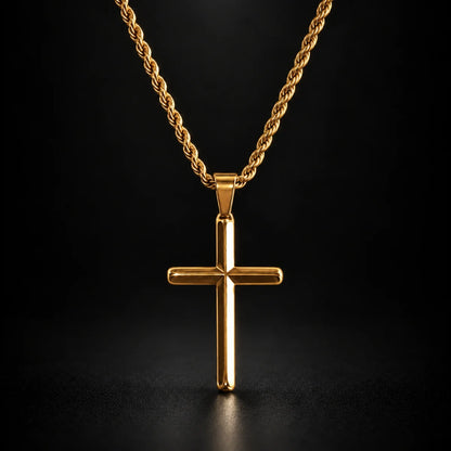 gold minimalist cross necklace black background hero