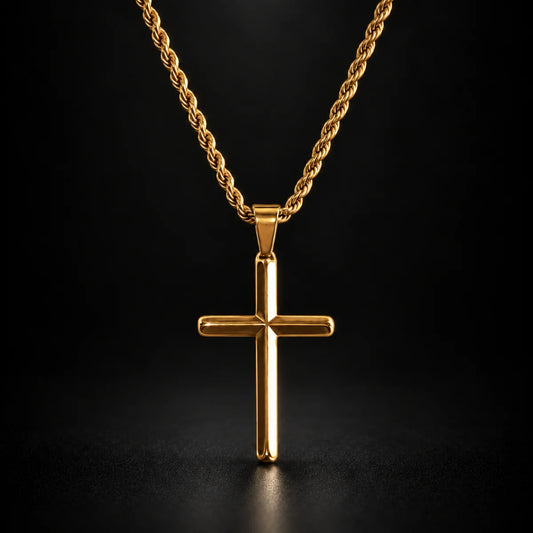 gold minimalist cross necklace black background hero