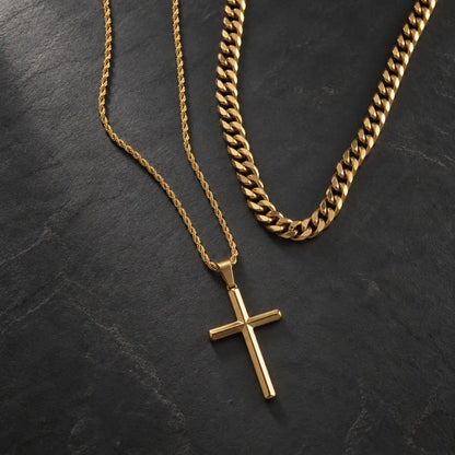 gold minimalist cross necklace layered set birds eye display