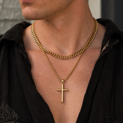 gold minimalist cross necklace layered set lifestyle