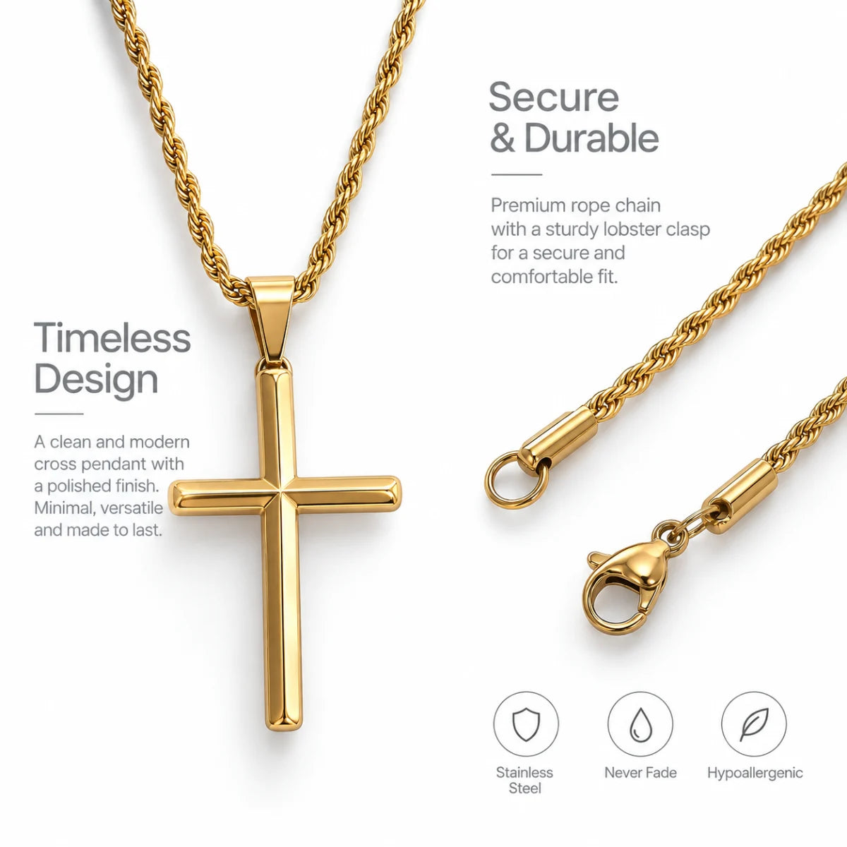 gold minimalist cross necklace rope chain product details