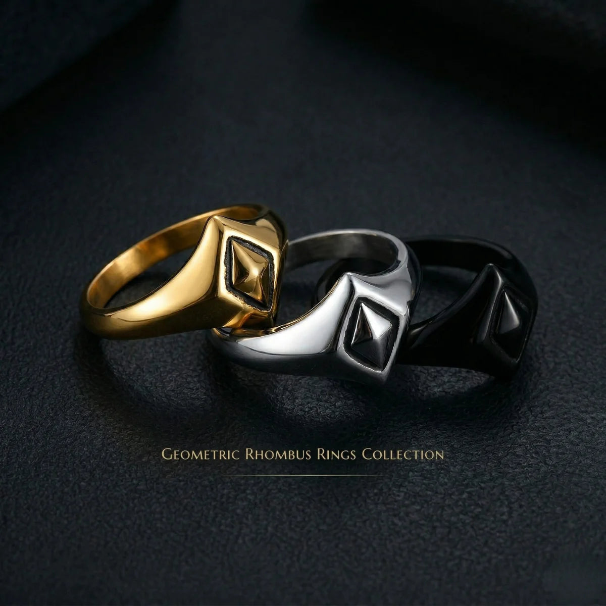 Gold silver and black Geometric Rhombus Rings collection