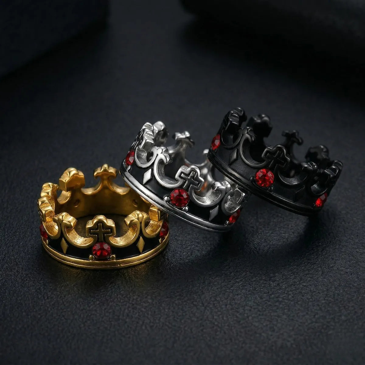 Gold silver and black Red Stone Crown Rings collection