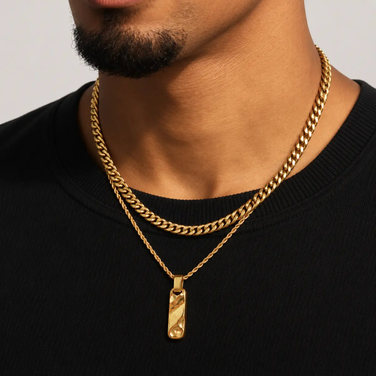 gold textured bar necklace layered set lifestyle black tee