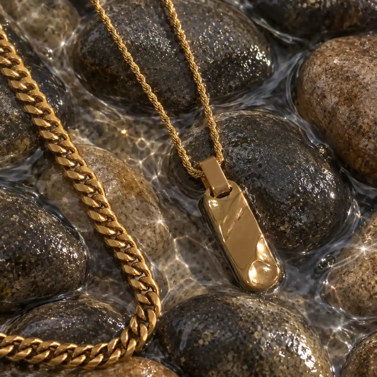 gold textured bar necklace layered set water stone display