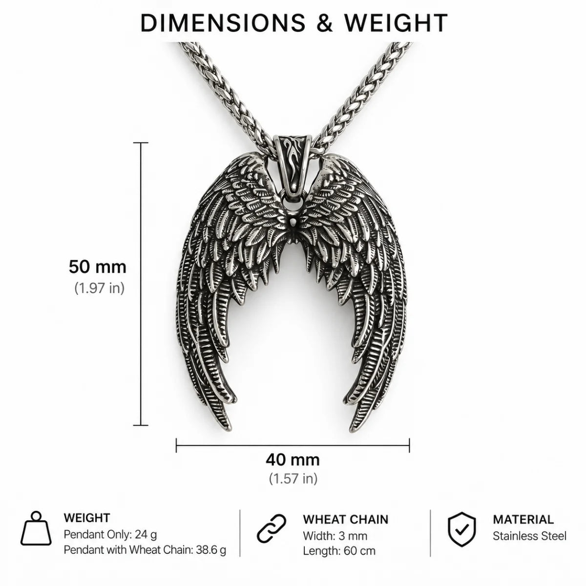 gothic angel wings necklace dimensions and weight