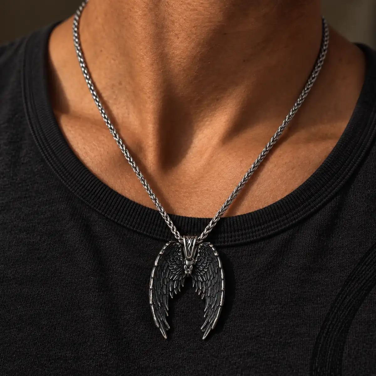 gothic angel wings necklace lifestyle black shirt