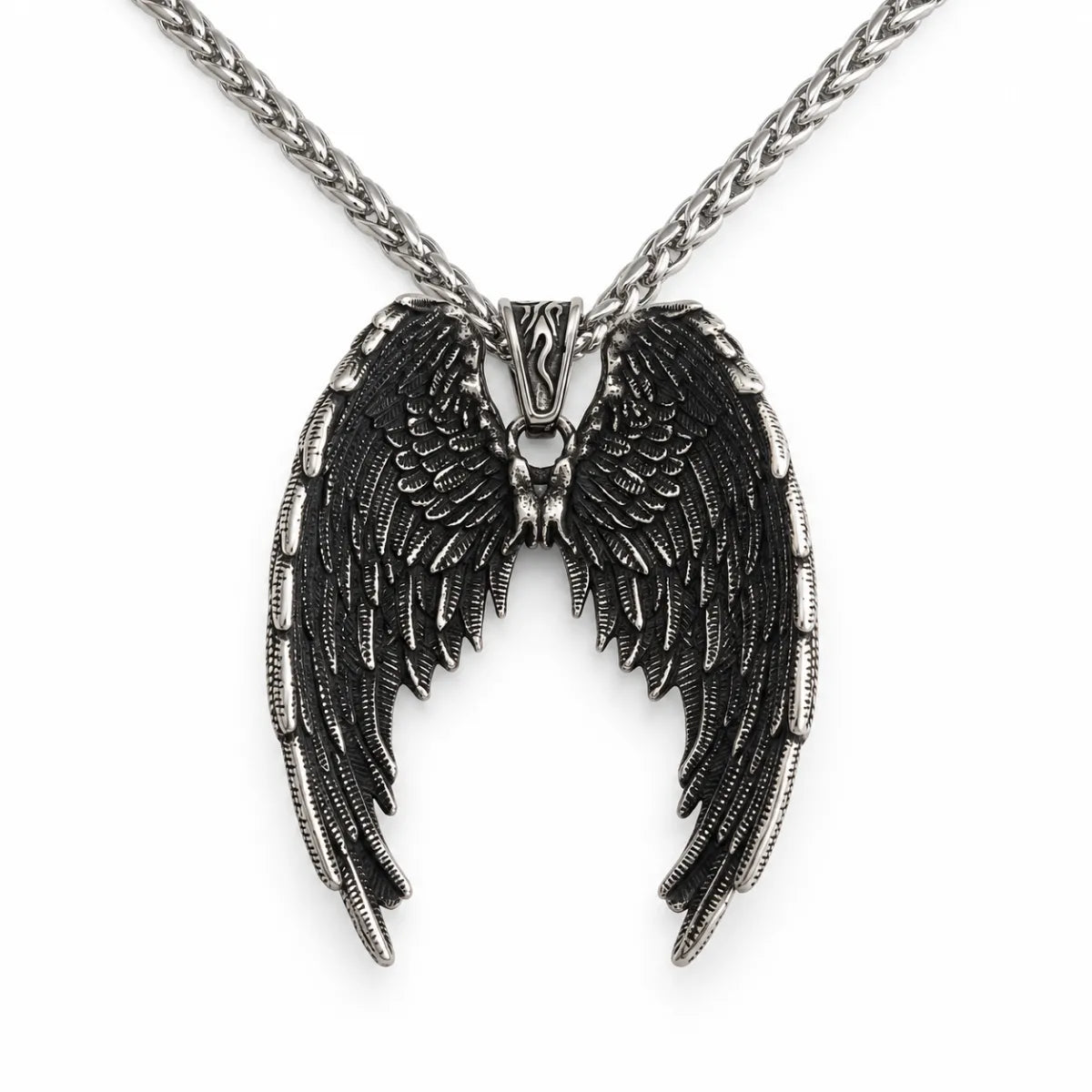 gothic angel wings necklace with wheat chain white background
