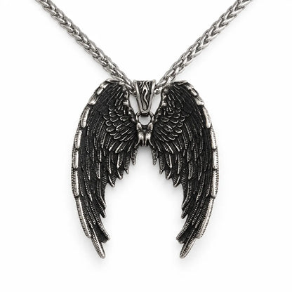gothic angel wings necklace with wheat chain white background