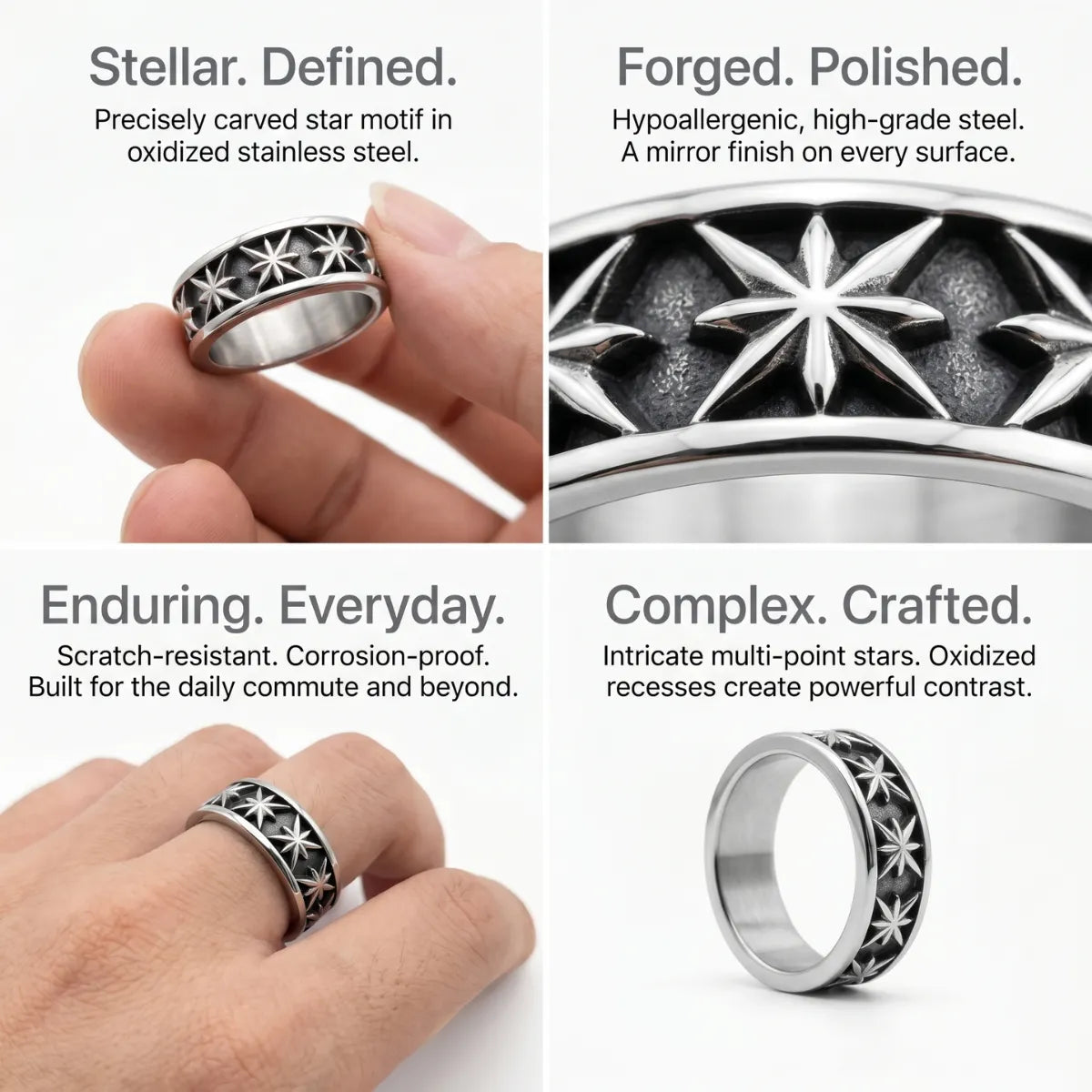 Gothic Carved Star Band Design Features Oxidized 316L Stainless Steel Mens Celestial Ring