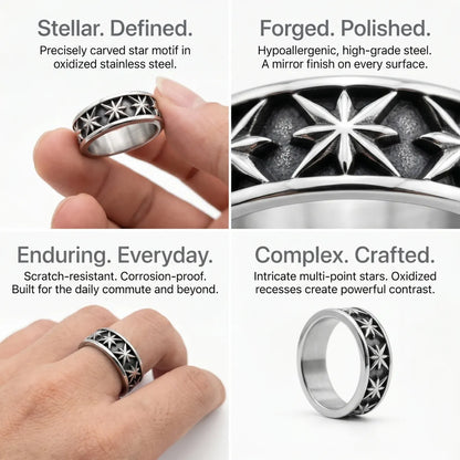 Gothic Carved Star Band Design Features Oxidized 316L Stainless Steel Mens Celestial Ring