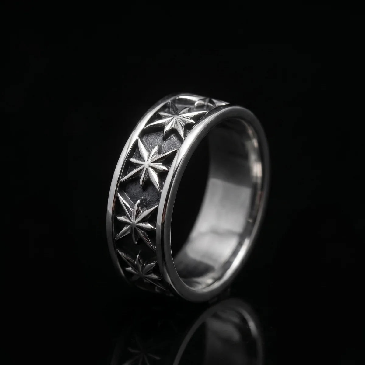 Gothic Carved Star Band Front View Premium 316L Stainless Steel Mens Celestial Jewelry