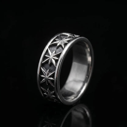 Gothic Carved Star Band Front View Premium 316L Stainless Steel Mens Celestial Jewelry