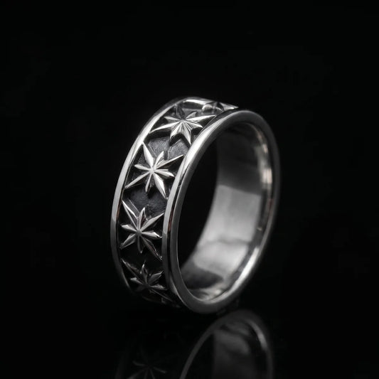 Gothic Carved Star Band Front View Premium 316L Stainless Steel Mens Celestial Jewelry