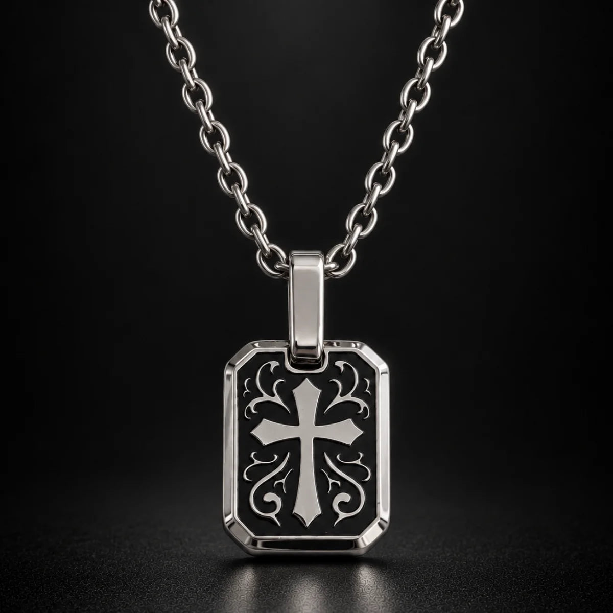 gothic cross dog tag necklace black background hero