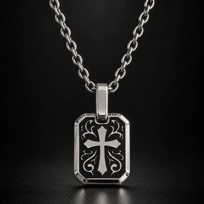 gothic cross dog tag necklace black background hero