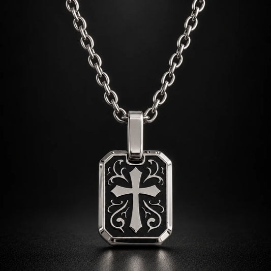 gothic cross dog tag necklace black background hero
