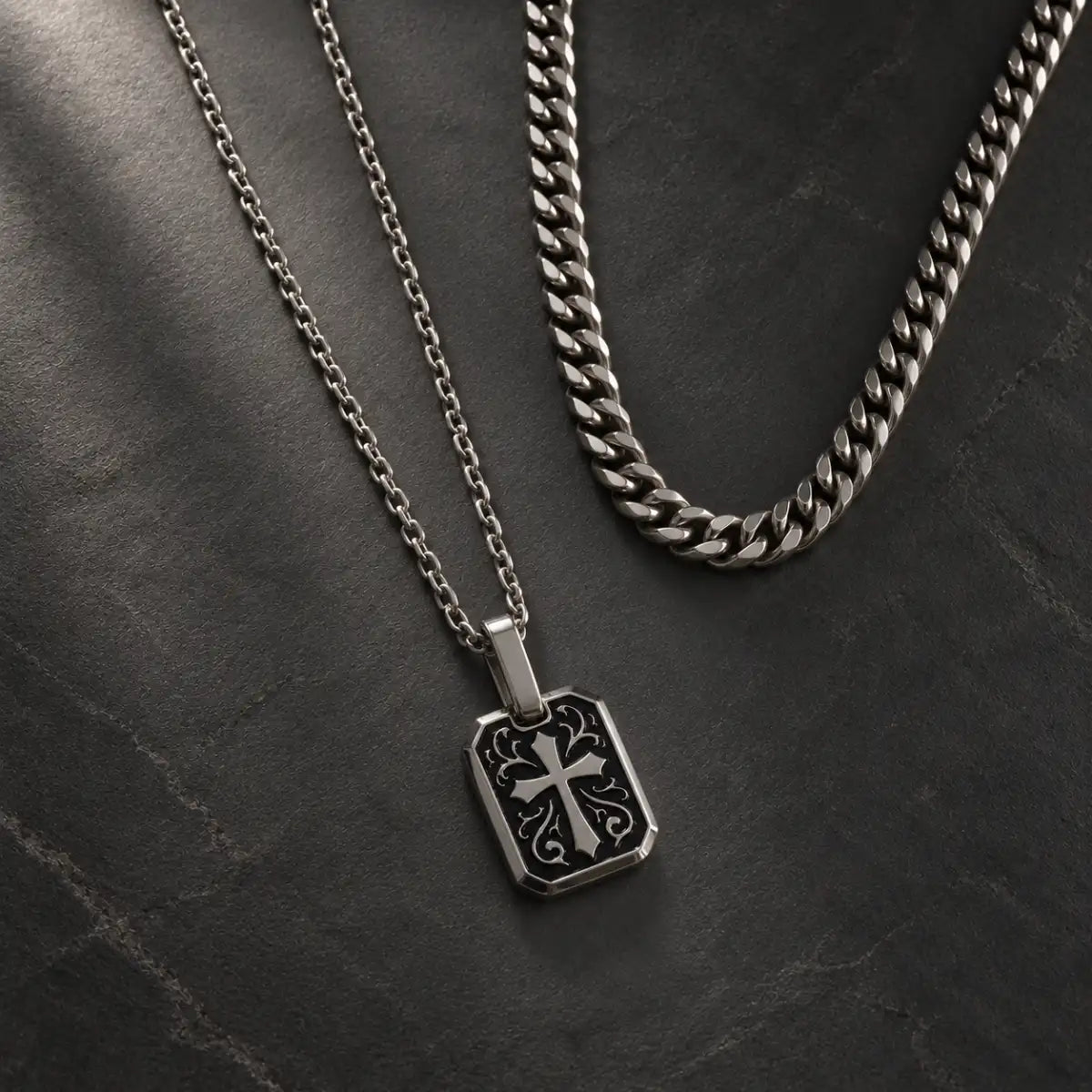 gothic cross dog tag necklace layered set birds eye display