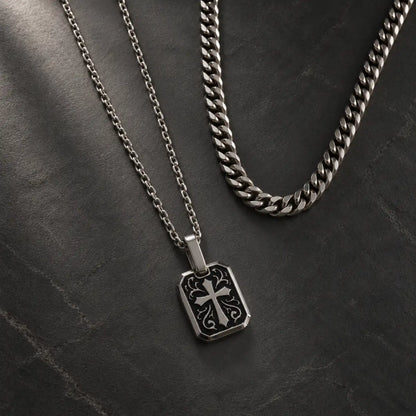 gothic cross dog tag necklace layered set birds eye display