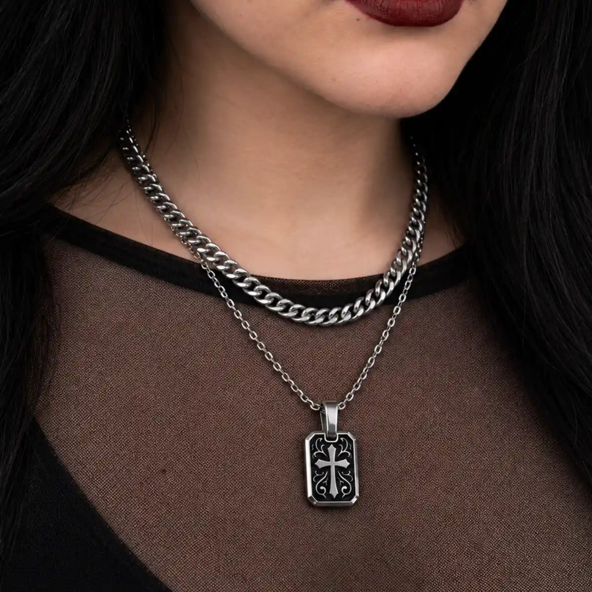 gothic cross dog tag necklace layered set lifestyle black top