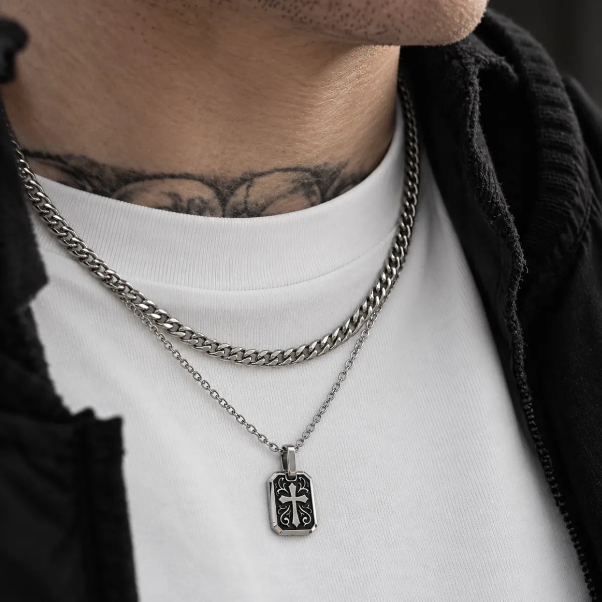 gothic cross dog tag necklace layered set lifestyle white shirt