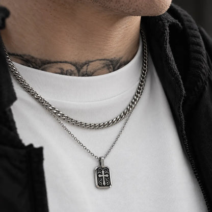 gothic cross dog tag necklace layered set lifestyle white shirt