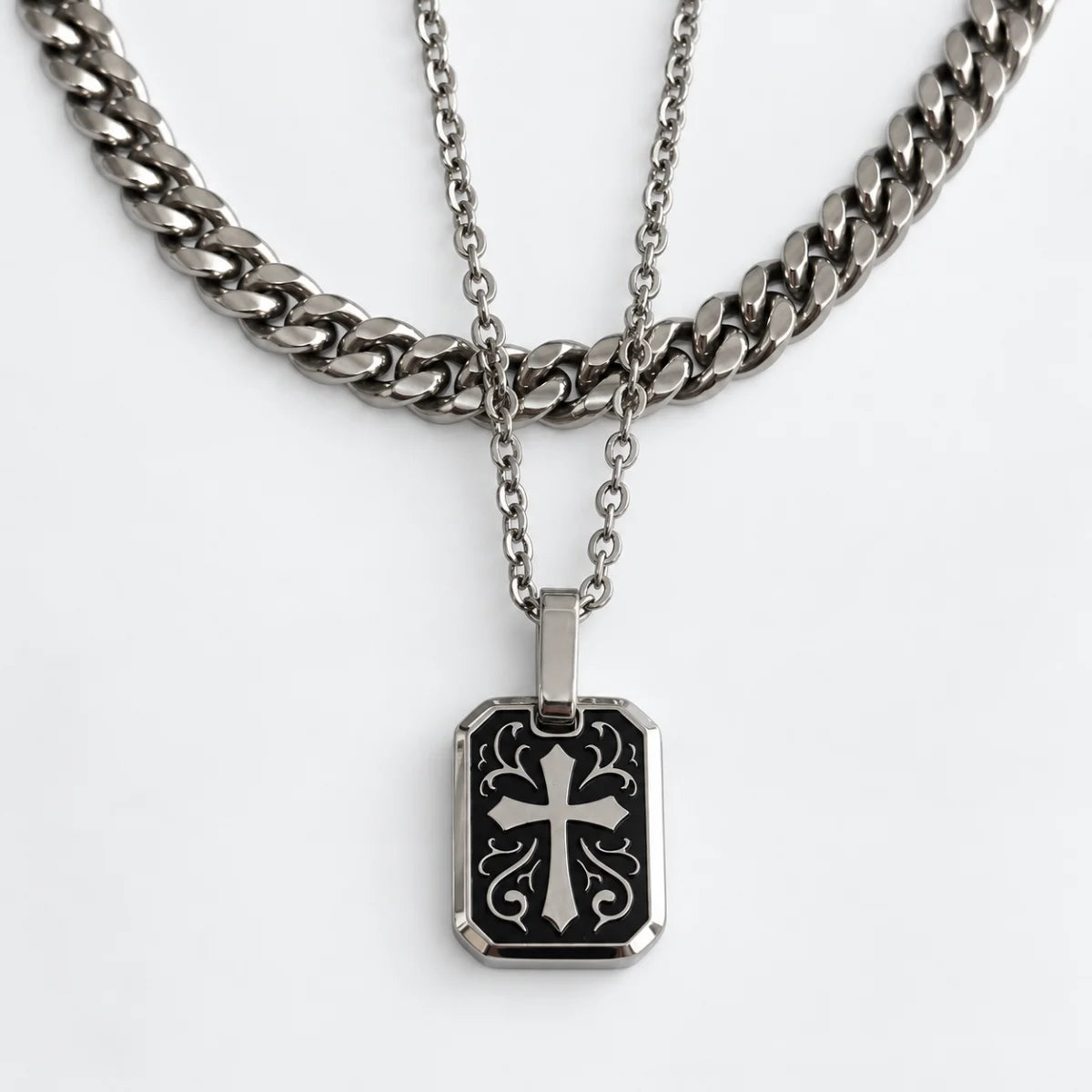 gothic cross dog tag necklace layered set white background