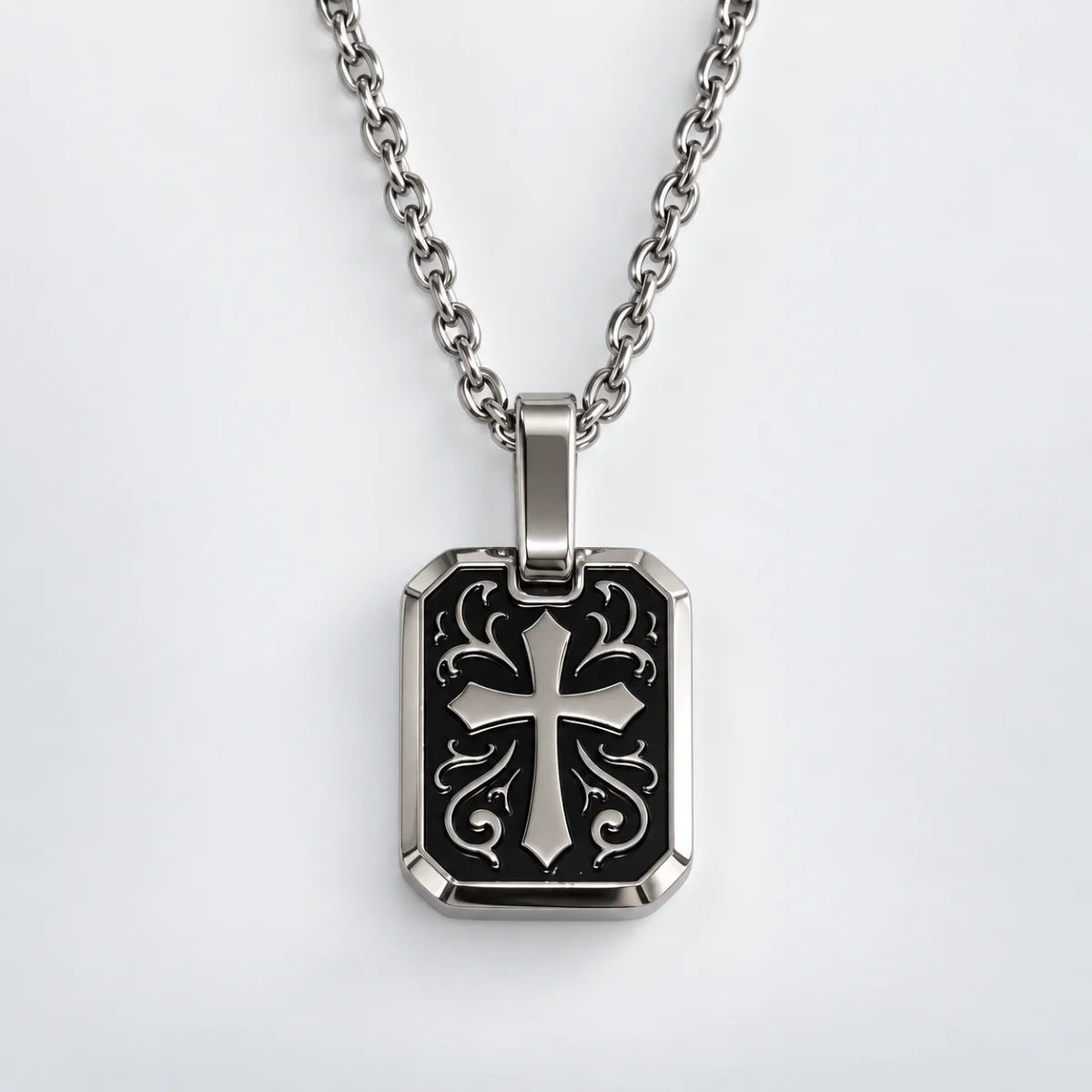gothic cross dog tag necklace with o chain white background