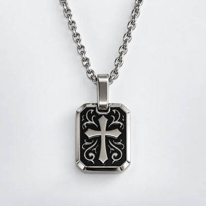 gothic cross dog tag necklace with o chain white background