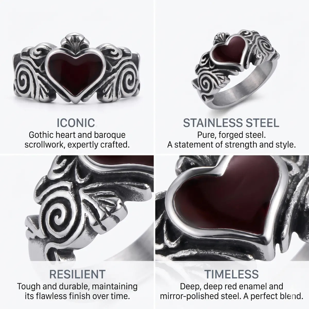 Gothic Heart Ring Design Features Stainless Steel Baroque Goth Ring