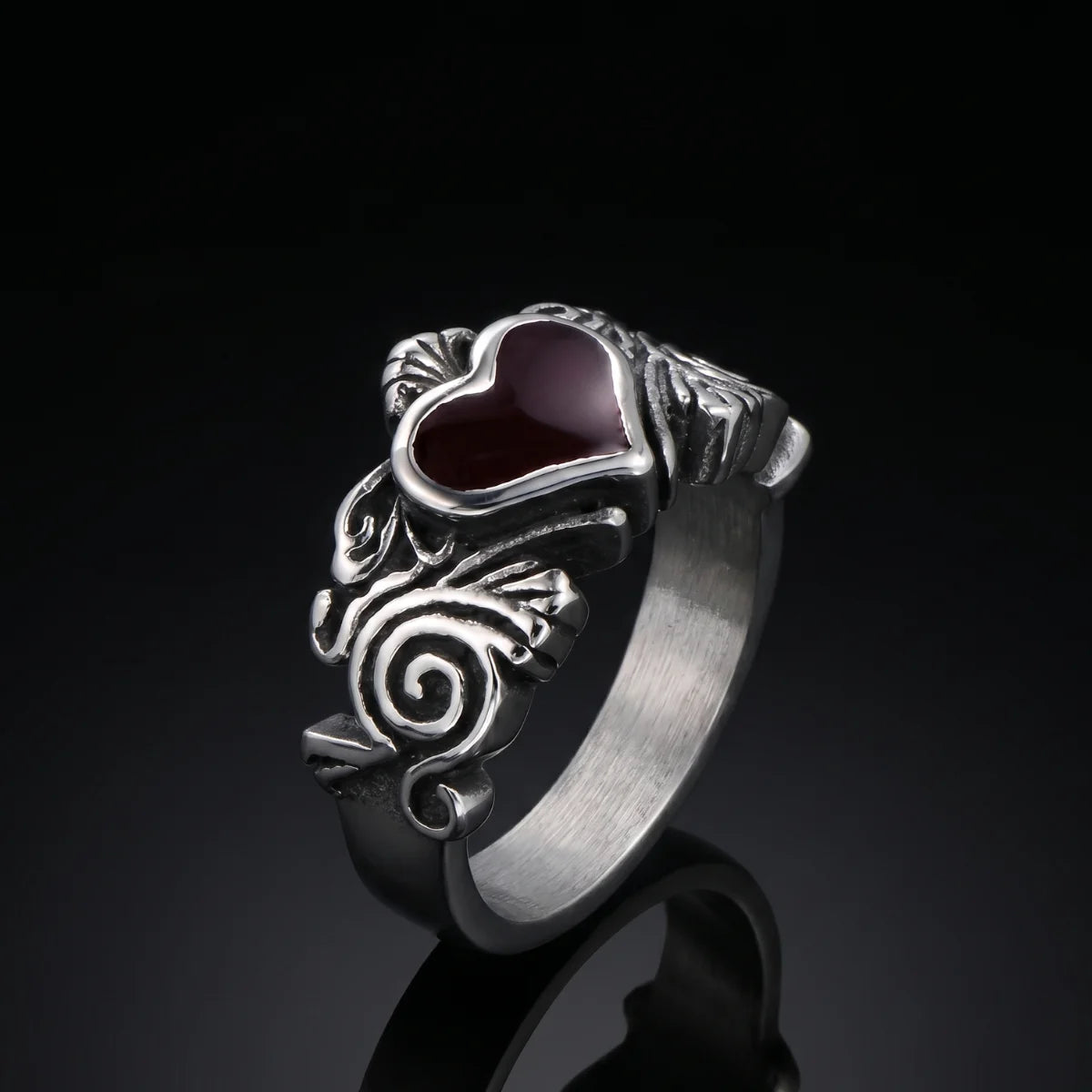 Gothic Heart Ring Front View Red Enamel Vampire Jewelry