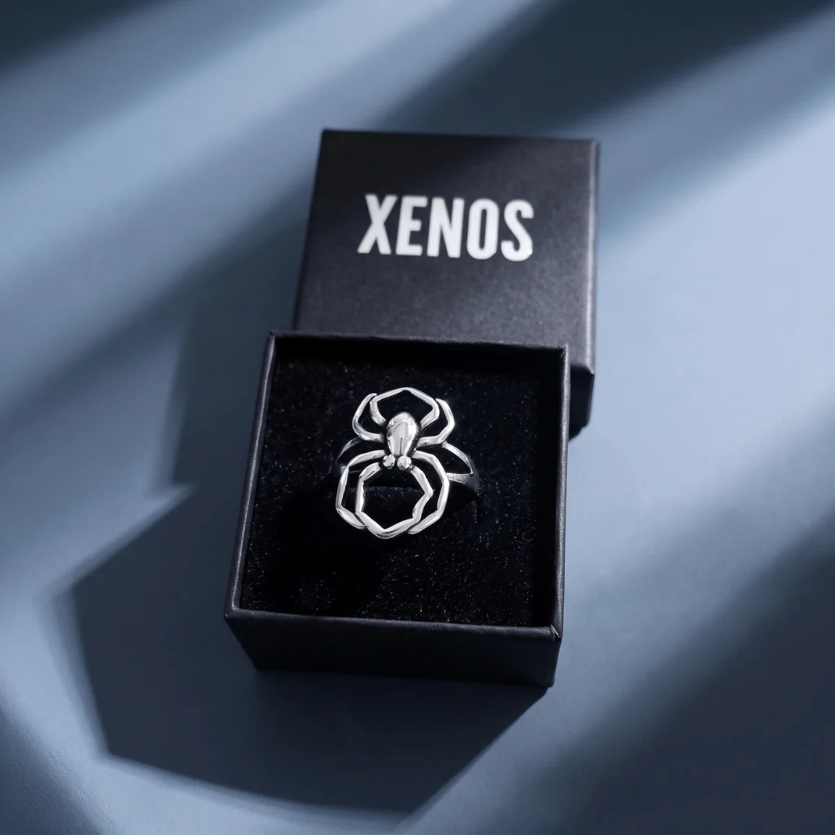 Gothic Spider Ring Silver Displayed in Xenos Jewelry Box